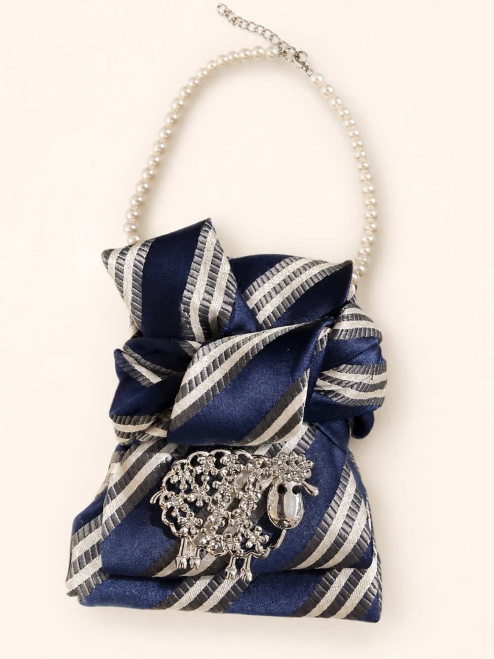 One of a Kind Silk Necktie Necklace Pearl Brooch Wearable Statement Art